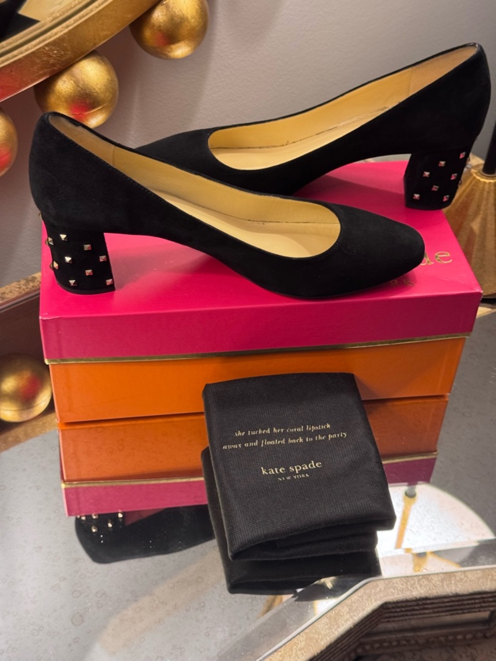 Kate Spade Black Suede Gold Studded Heels Pumps - Size 9 - Picture 7 of 13